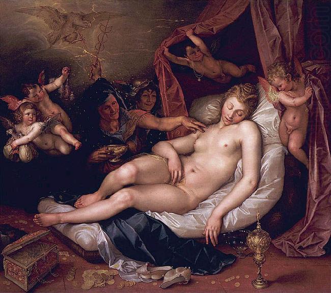 Danae receiving Jupiter as a shower of gold., Hendrick Goltzius